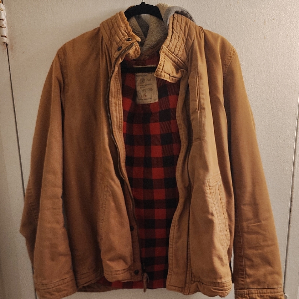 American Eagle Outfitters Tan Jacket with Red Buffalo Plaid Lining